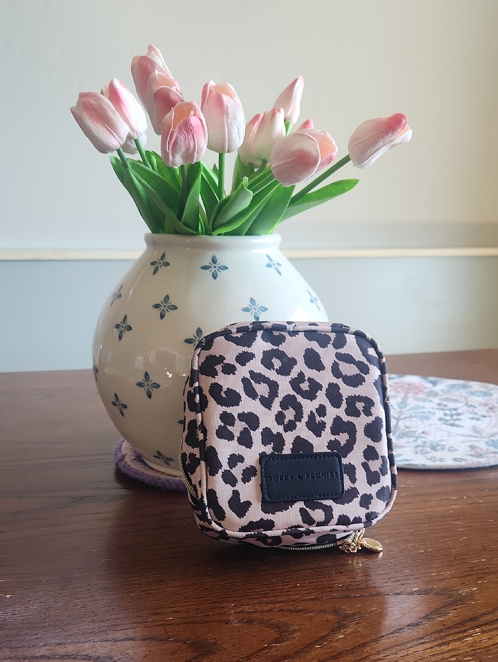 Poppy & Peonies Pink and Black Leopard Print Jewelry Case